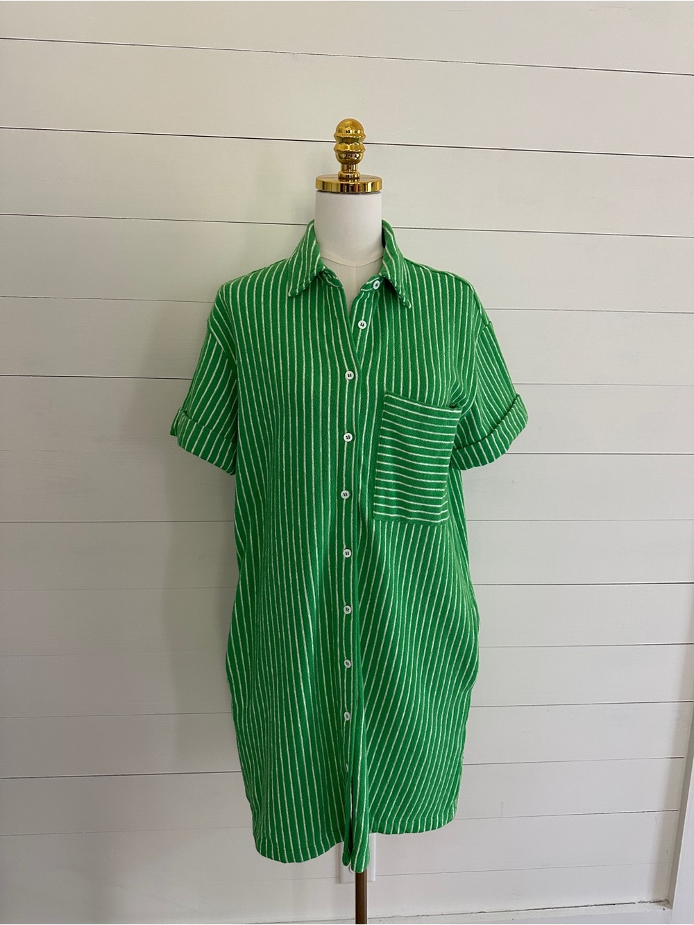 FRNCH Paris Green Striped Button-Up Shirt Dress